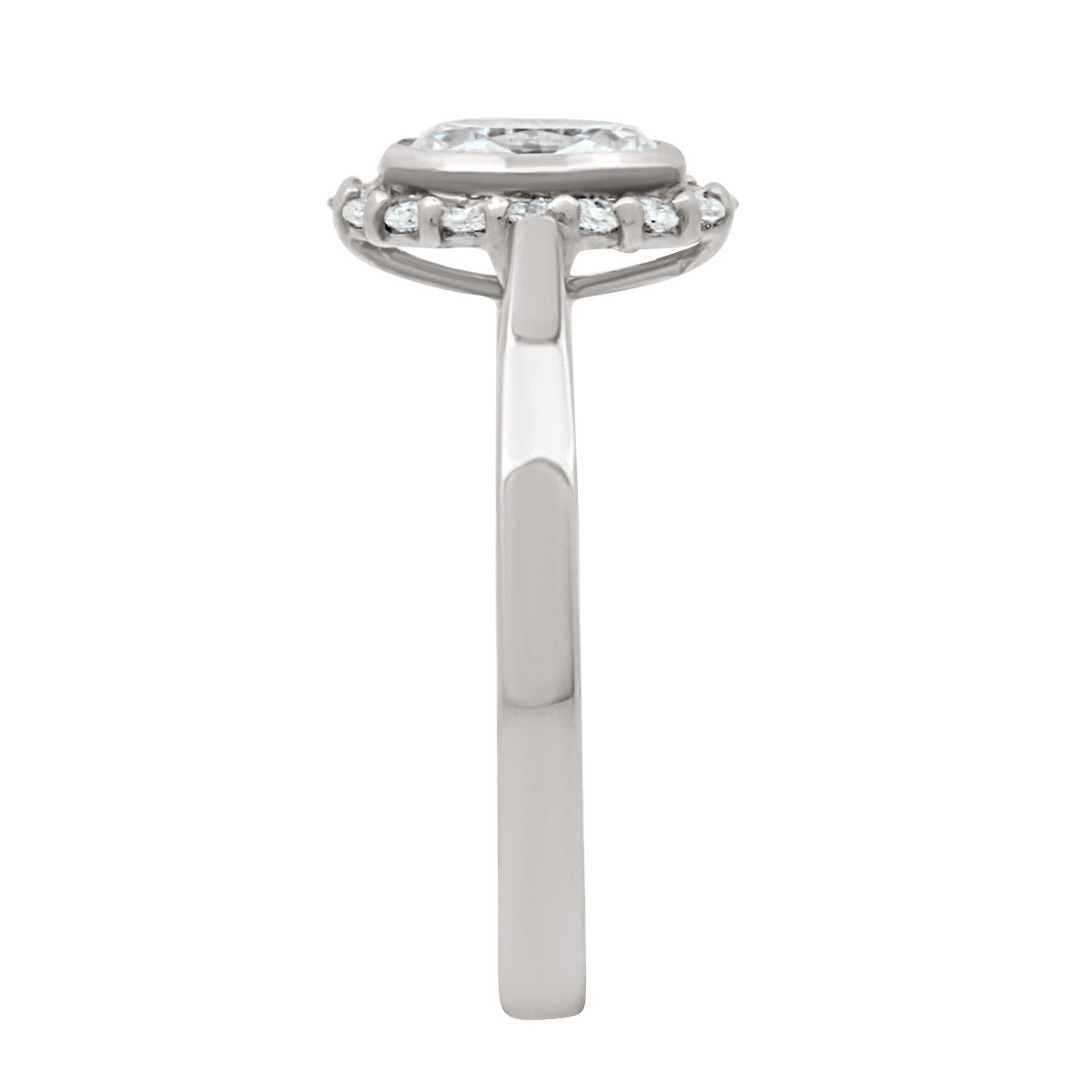 Oval Halo Diamond Ring in white gold in end view