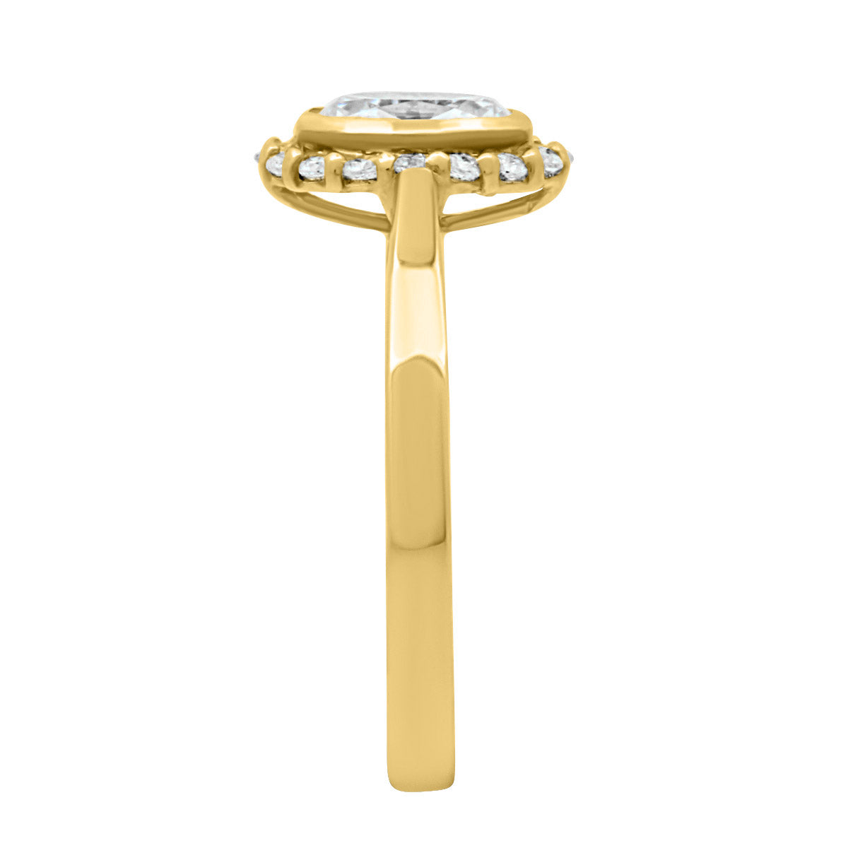 Oval Halo Diamond Ring in yellow gold from an end view