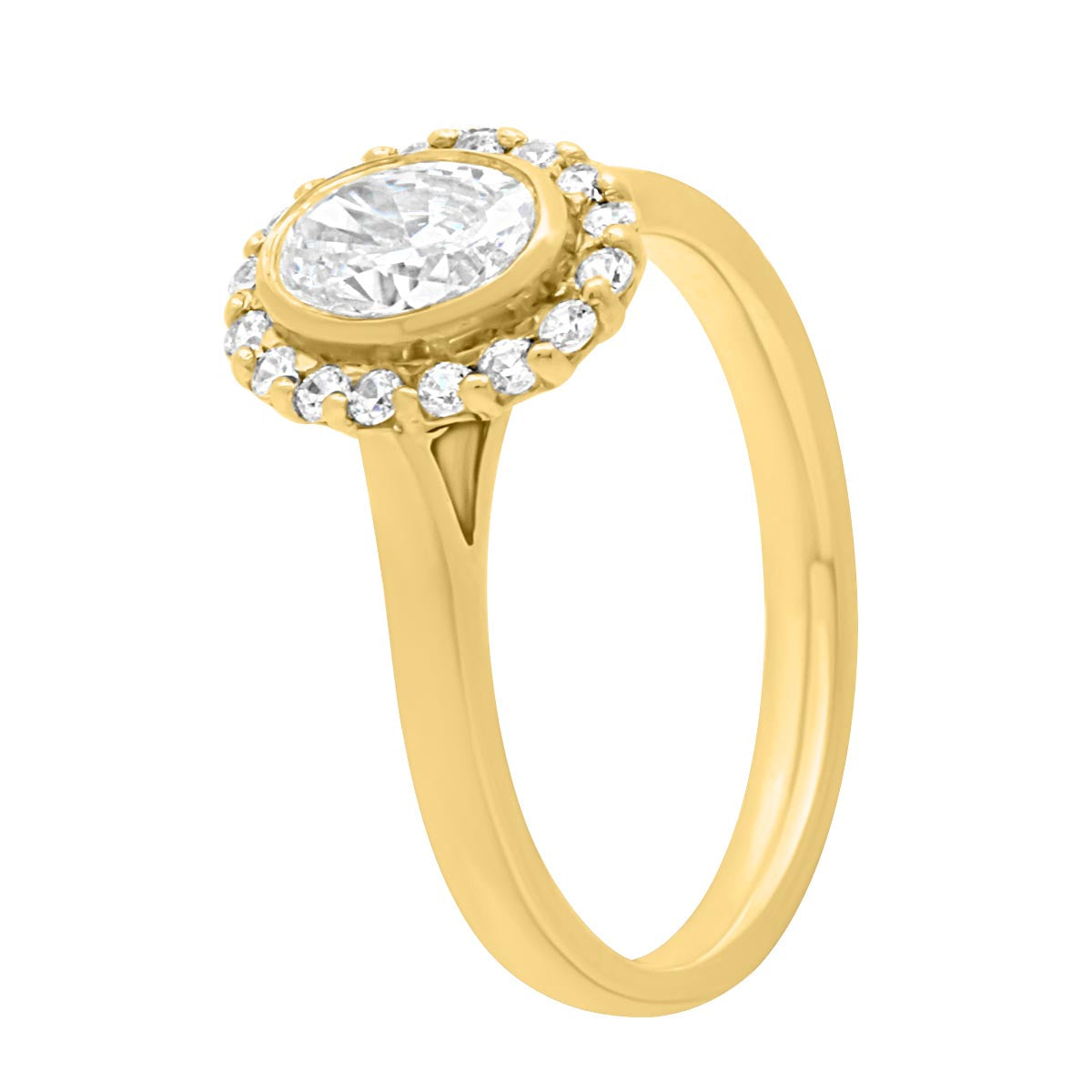Oval Halo Diamond Ring in yellow gold angled view
