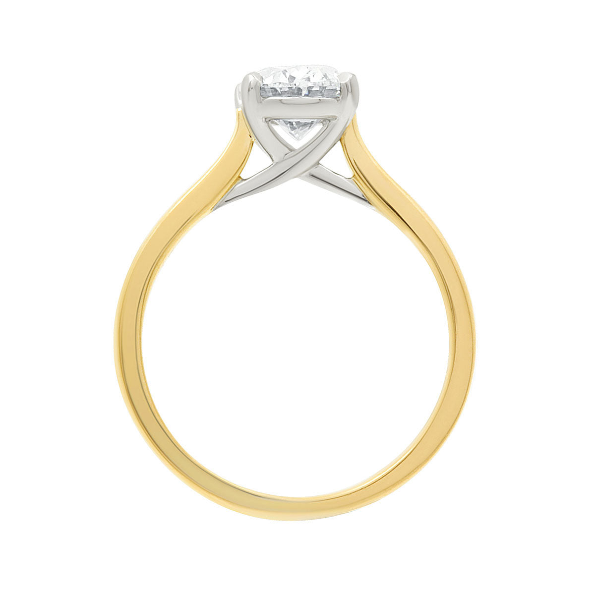 Oval Solitaire with Criss Cross yellow gold band and head In White Gold