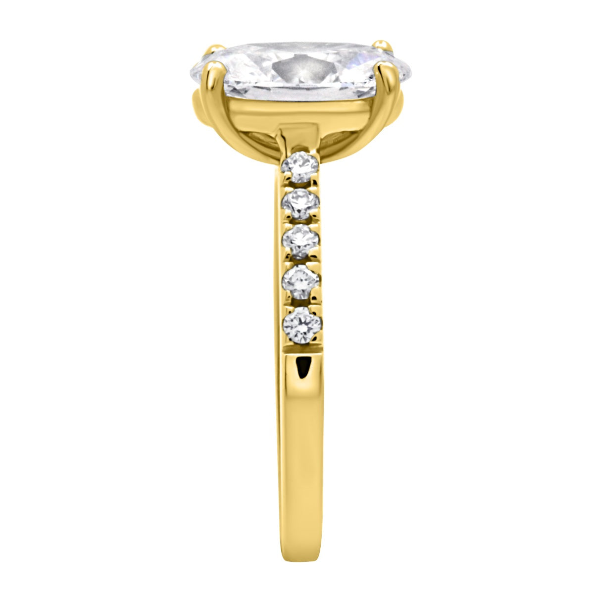 Oval cut Diamond with diamond band in yellow gold with white background