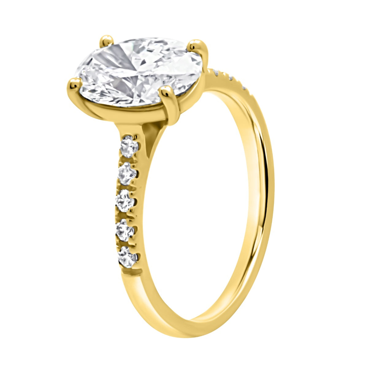 Oval cut Diamond with diamond band in yellow gold with white background