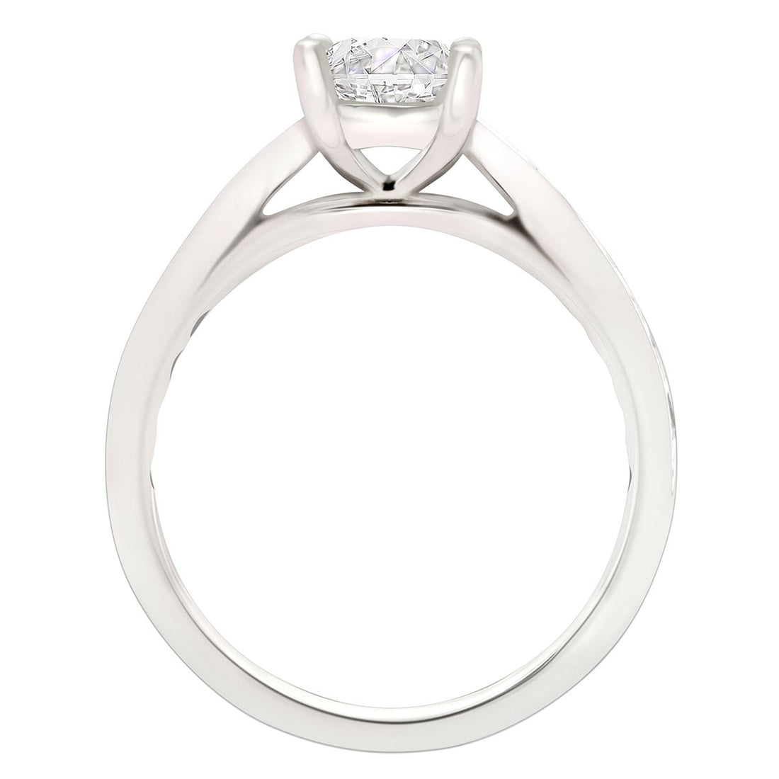 Princess Cut Diamond Solitaire with tapered diamond band in white gold standing upright