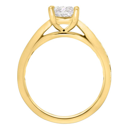 Princess Cut Diamond Solitaire with tapered diamond band in yellow gold stqanding upright