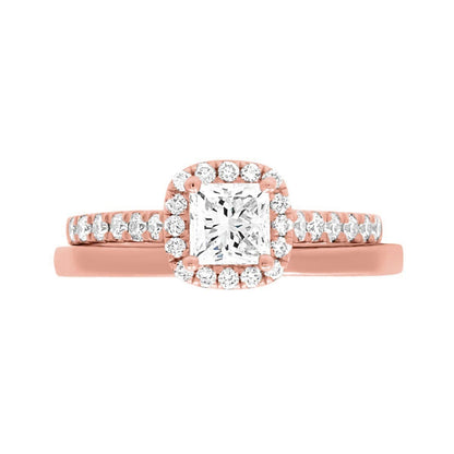 Princess Cut Diamond Halo Ring in rose gold with a plain wedding ring