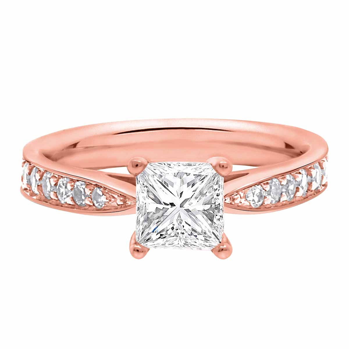 Princess Cut Diamond Solitaire with tapered diamond band in Rose gold