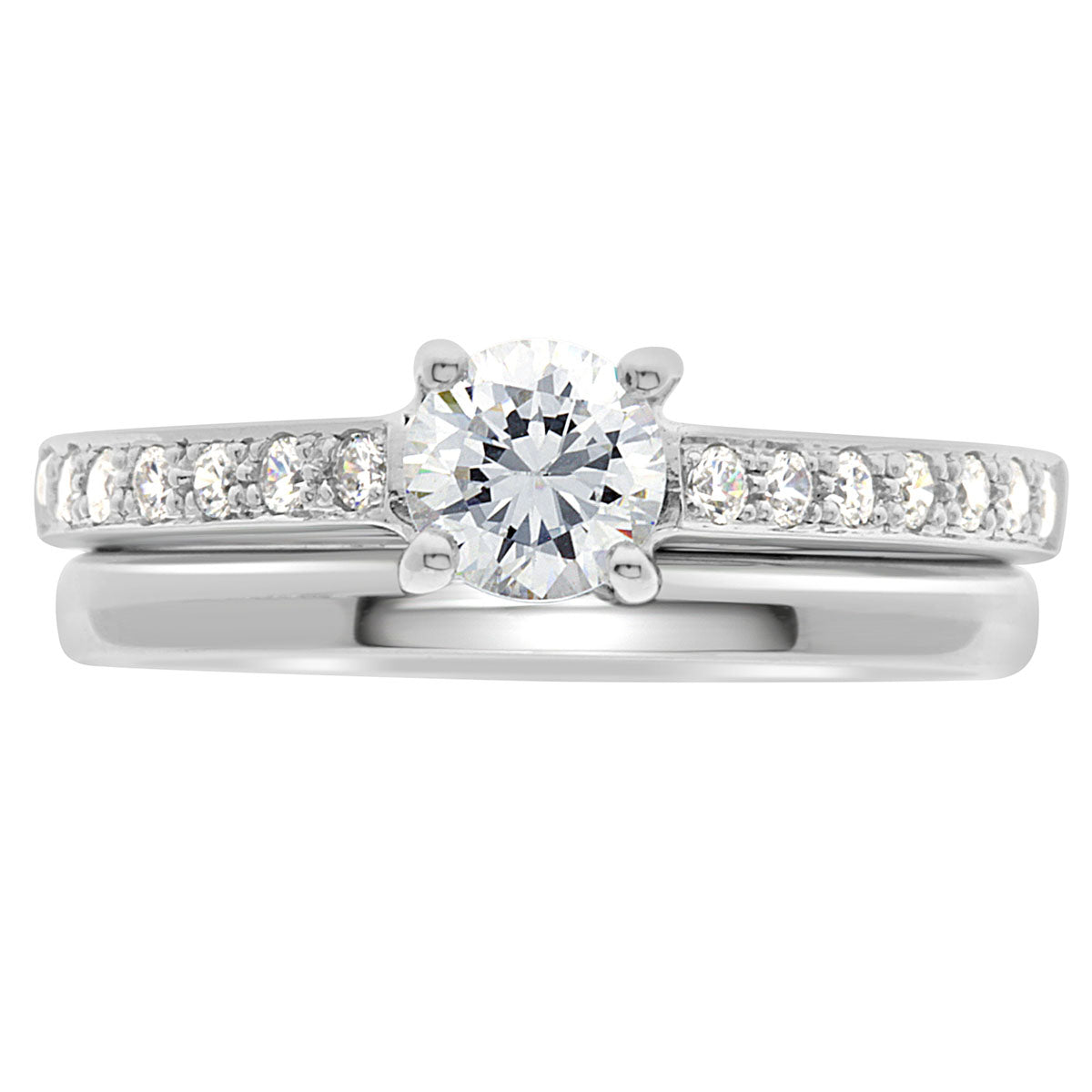 Princess Cut Bezel Ring set in white gold pictured with a plain wedding ring