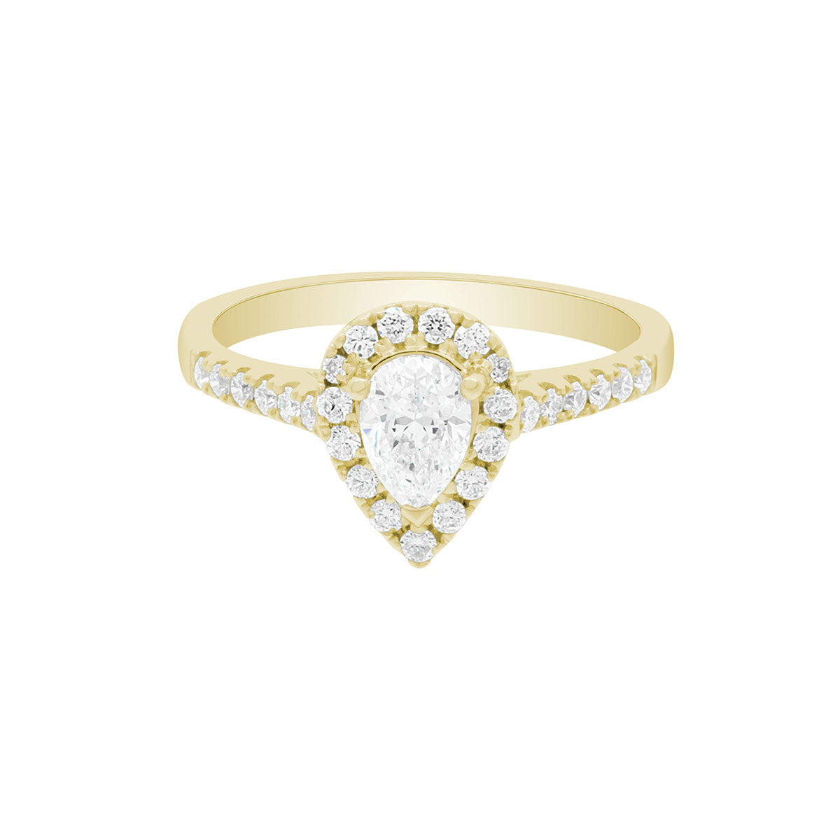 Pear Cut Halo Ring made of yellow gold and diamonds,, LAYING ON A WHITE SURFACE WITH A WHITE BACKGROUND