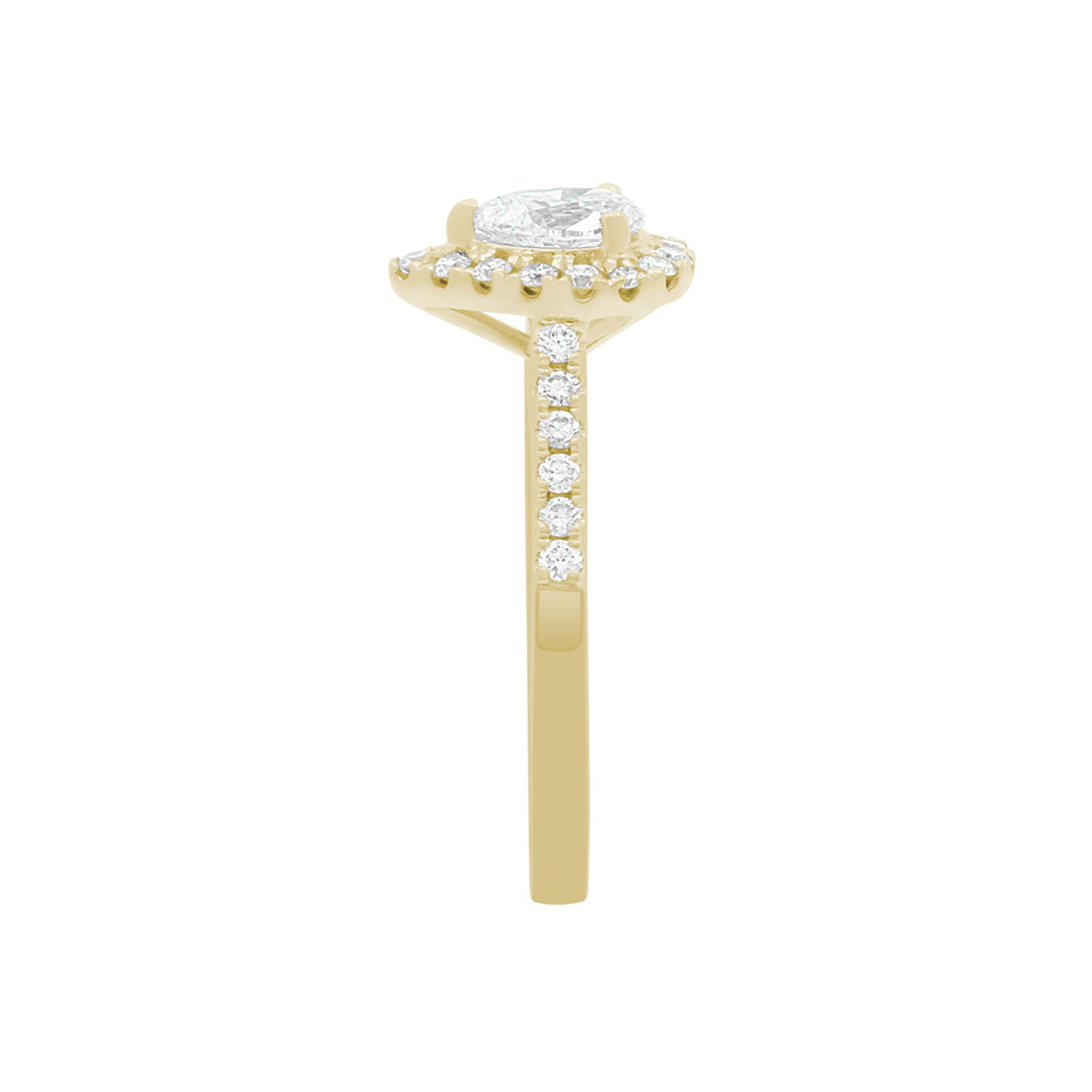 Pear Cut Halo Ring in yellow gold, standing upright with a side view, on A WHITE SURFACE WITH A WHITE BACKGROUND