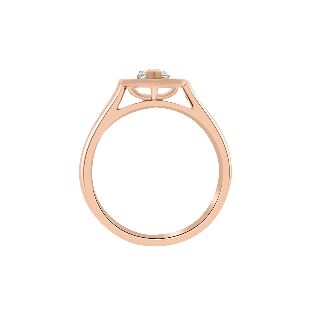 Pear Shaped Halo Engagement Ring in Rose gold, upright position, white background