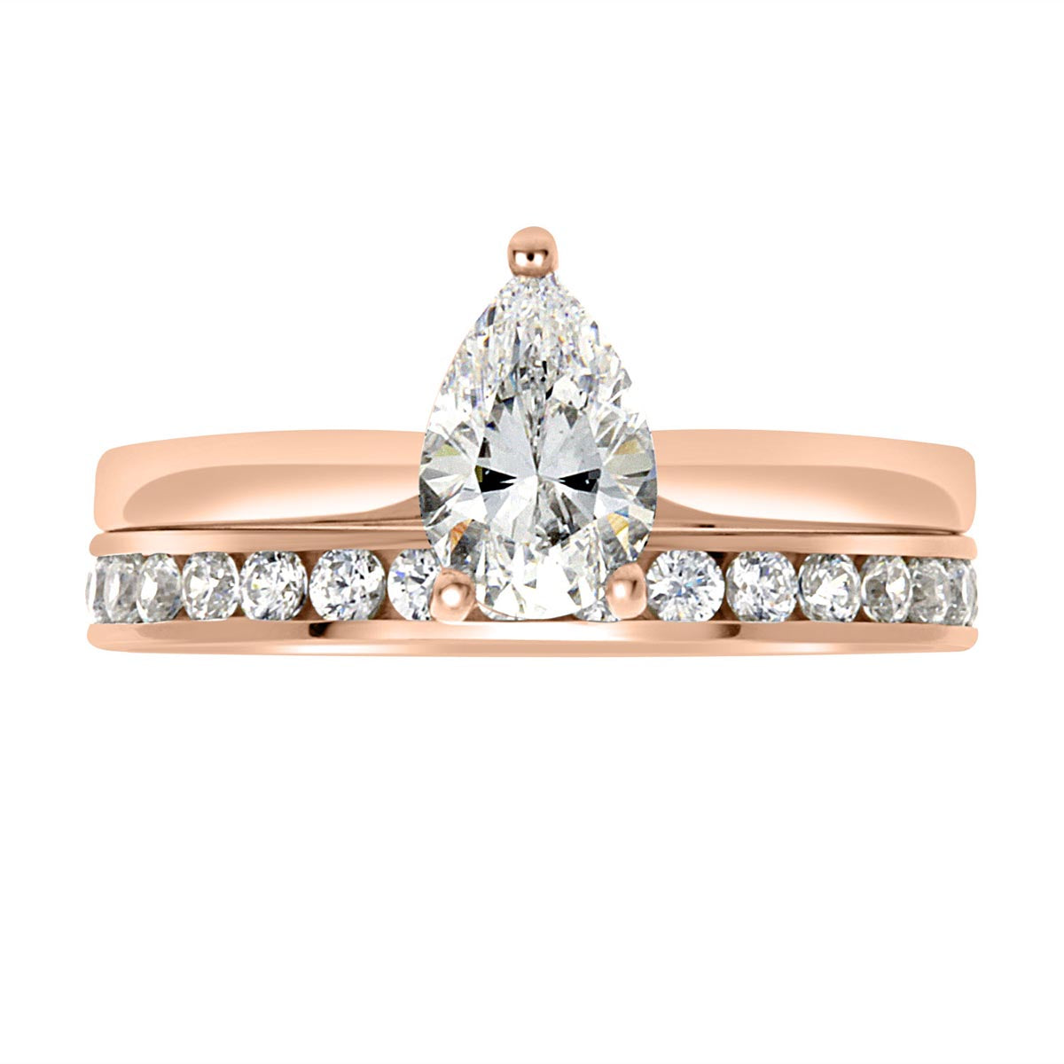 Pear Cut Solitaire Engagement Ring made from rose gold pictured with a diamond wedding ring