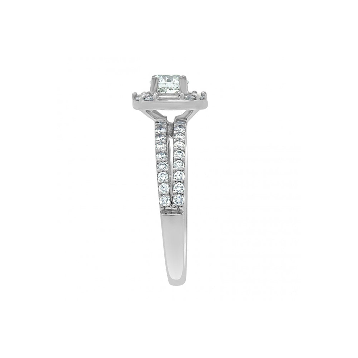 Baguette and Round Diamond Engagement Ring in Platinum from a side view