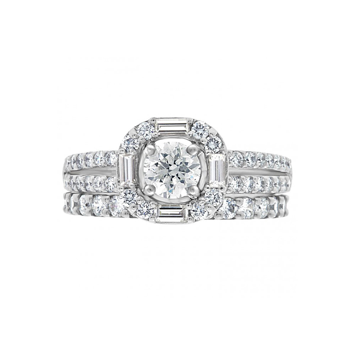 Baguette and Round Diamond Engagement Ring in Platinum pictured with a diamond wedding ring