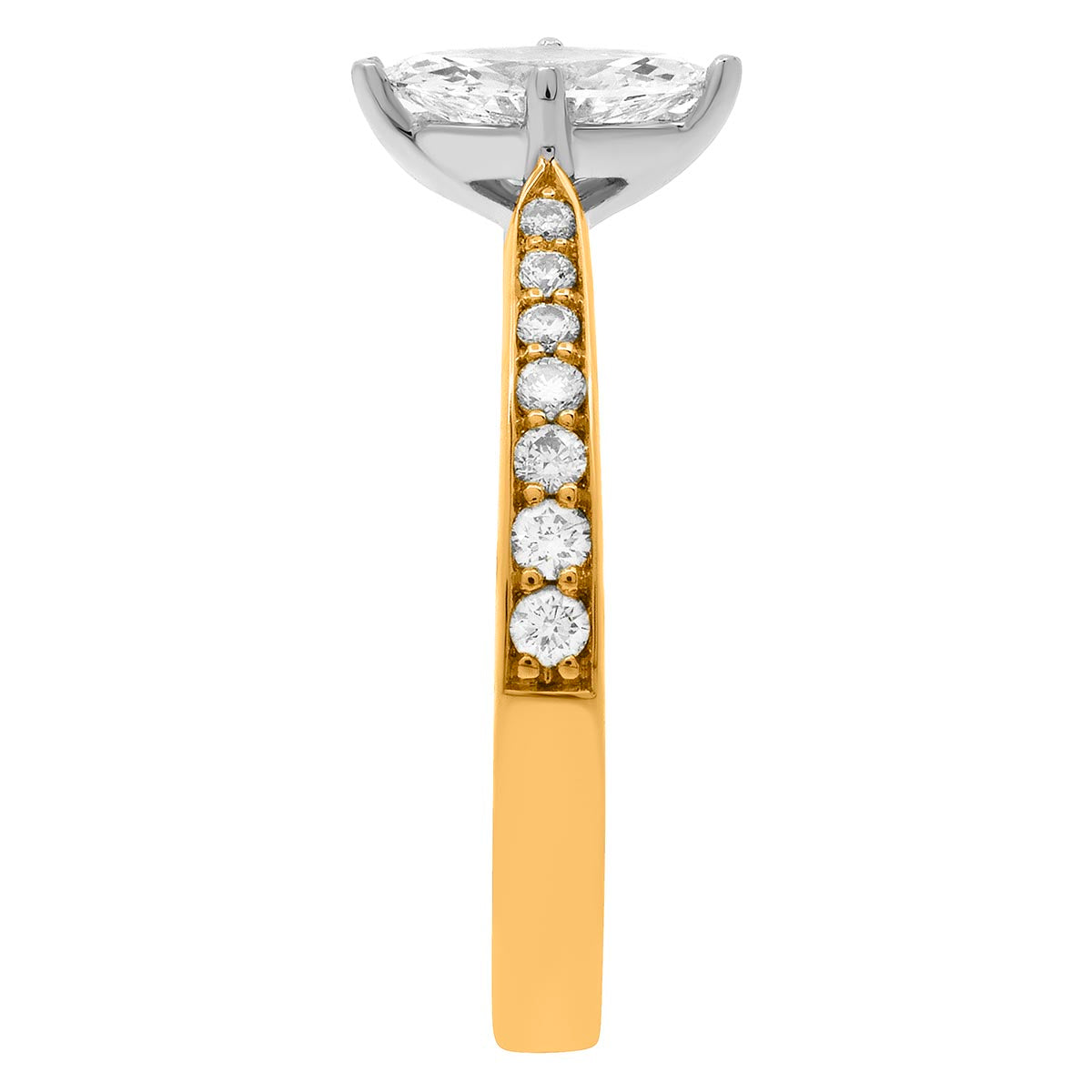 Marquise Engagement Ring made from 18 karat yellow gold standing upright and viewed from the side