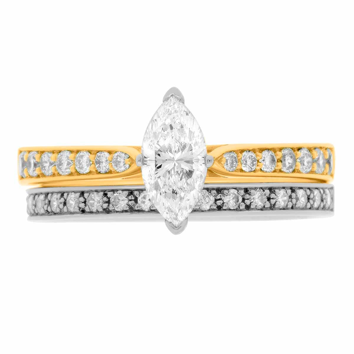 Marquise Engagement Ring made from 18 karat yellow gold with a diamond set wedding ring