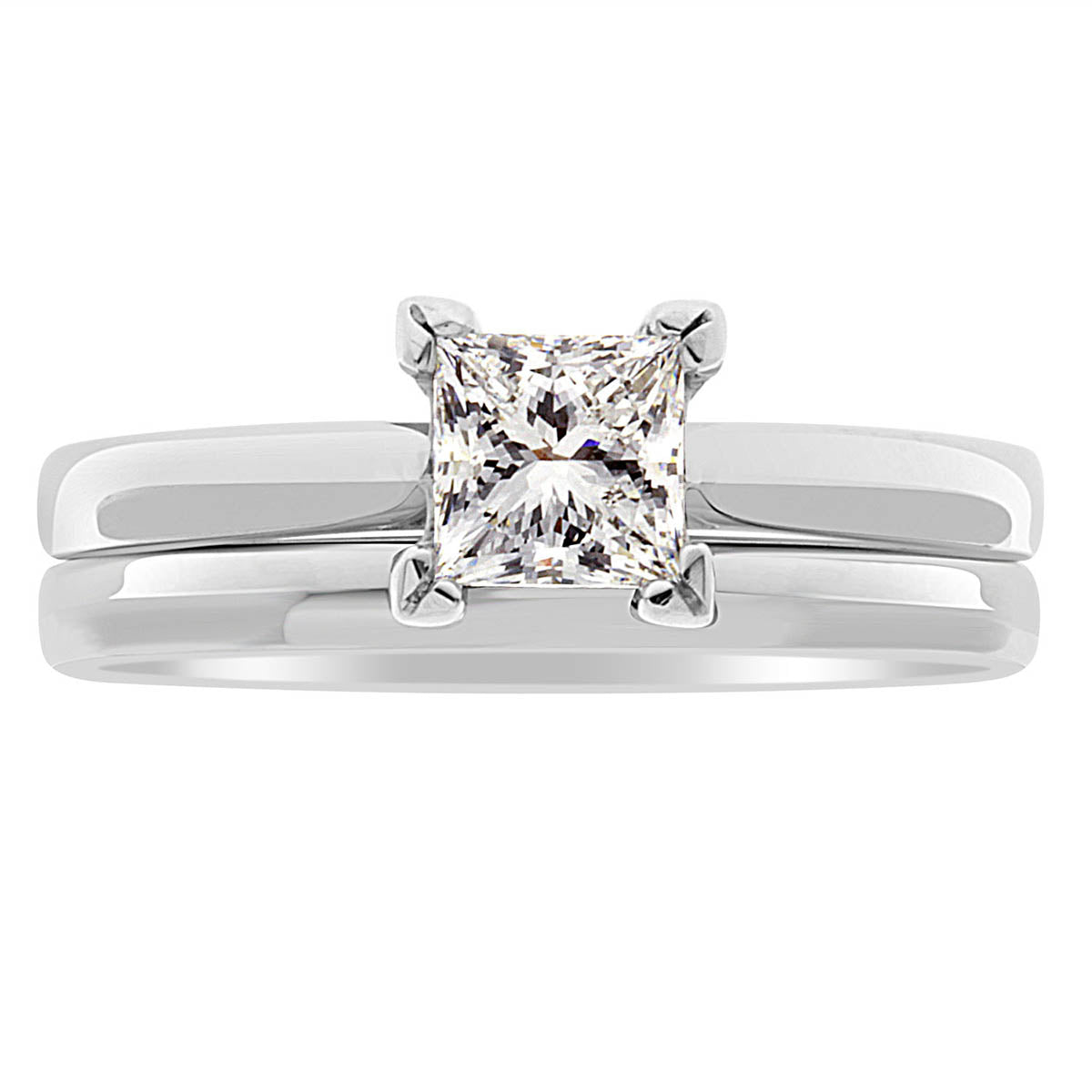 Princess Cut Solitaire engagement ring in white gold with a matching wedding ring