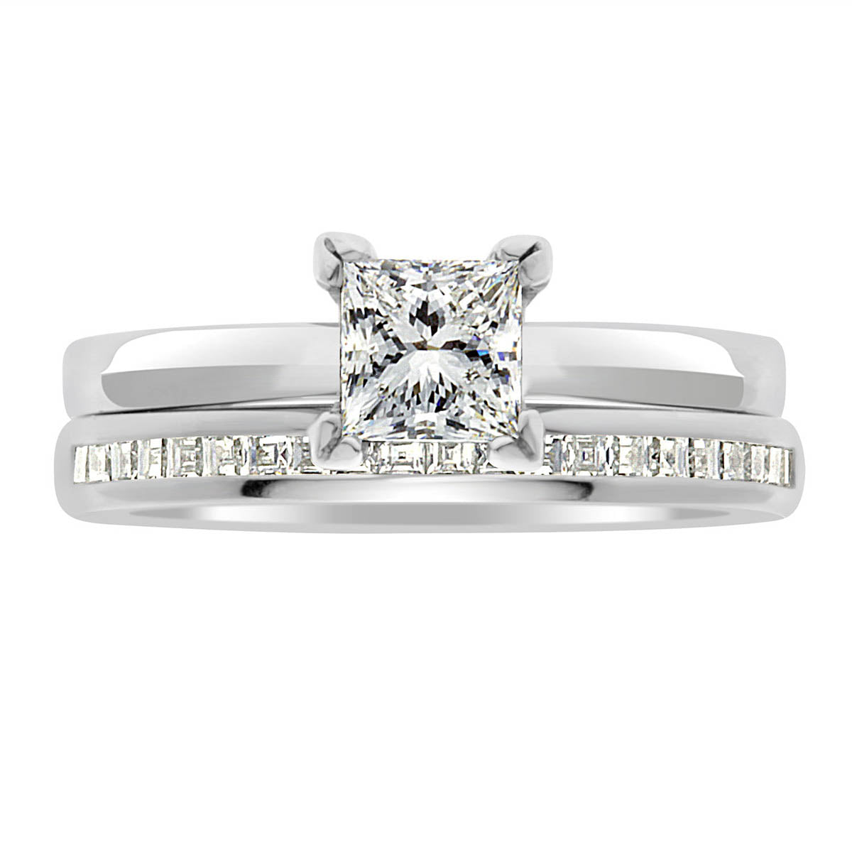 Princess Cut Solitaire engagement ring in white gold with a matching diamond wedding ring