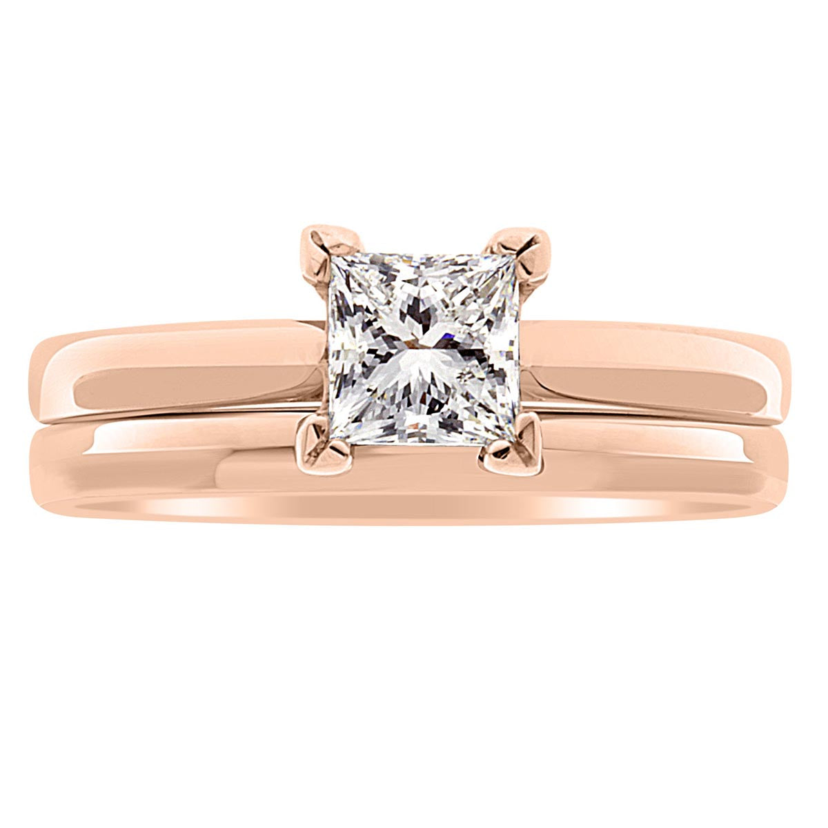 Princess Cut Solitaire engagement ring made from rose gold pictured with a plain wedding ring