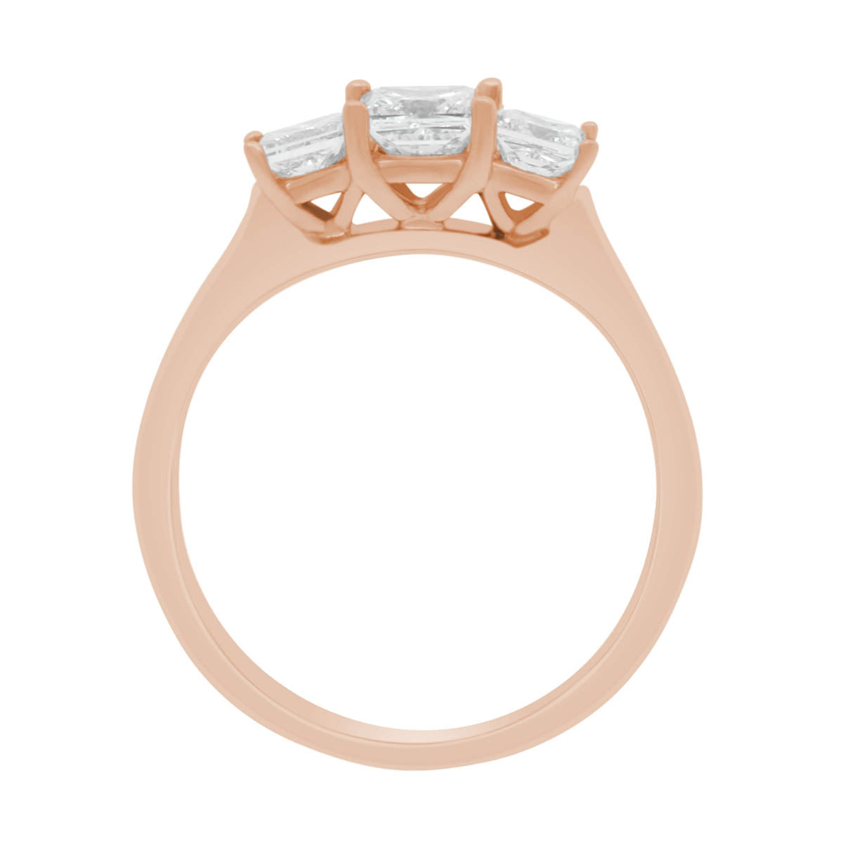 Princess Cut Trilogy Engagement Ring in rose gold standing upright