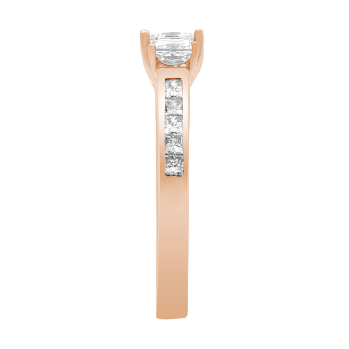 Princess Cut Trilogy Engagement Ring in rose gold in end view