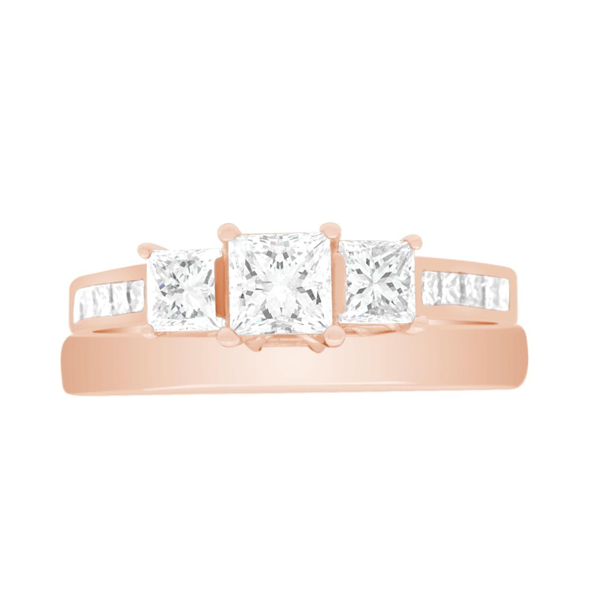 Princess Cut Trilogy Engagement Ring in rose gold with pa plain wedding ring