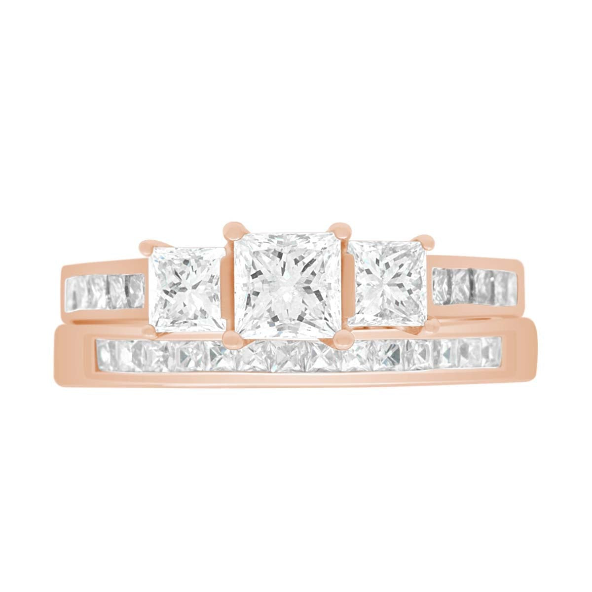 Princess Cut Trilogy Engagement Ring in rose gold with a diamond wedding ring