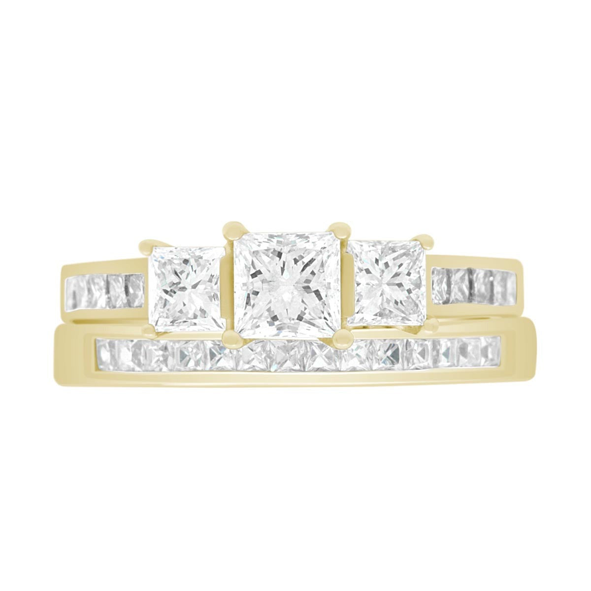 Princess Cut Trilogy Engagement Ring in yellow gold with diamond wedding ring