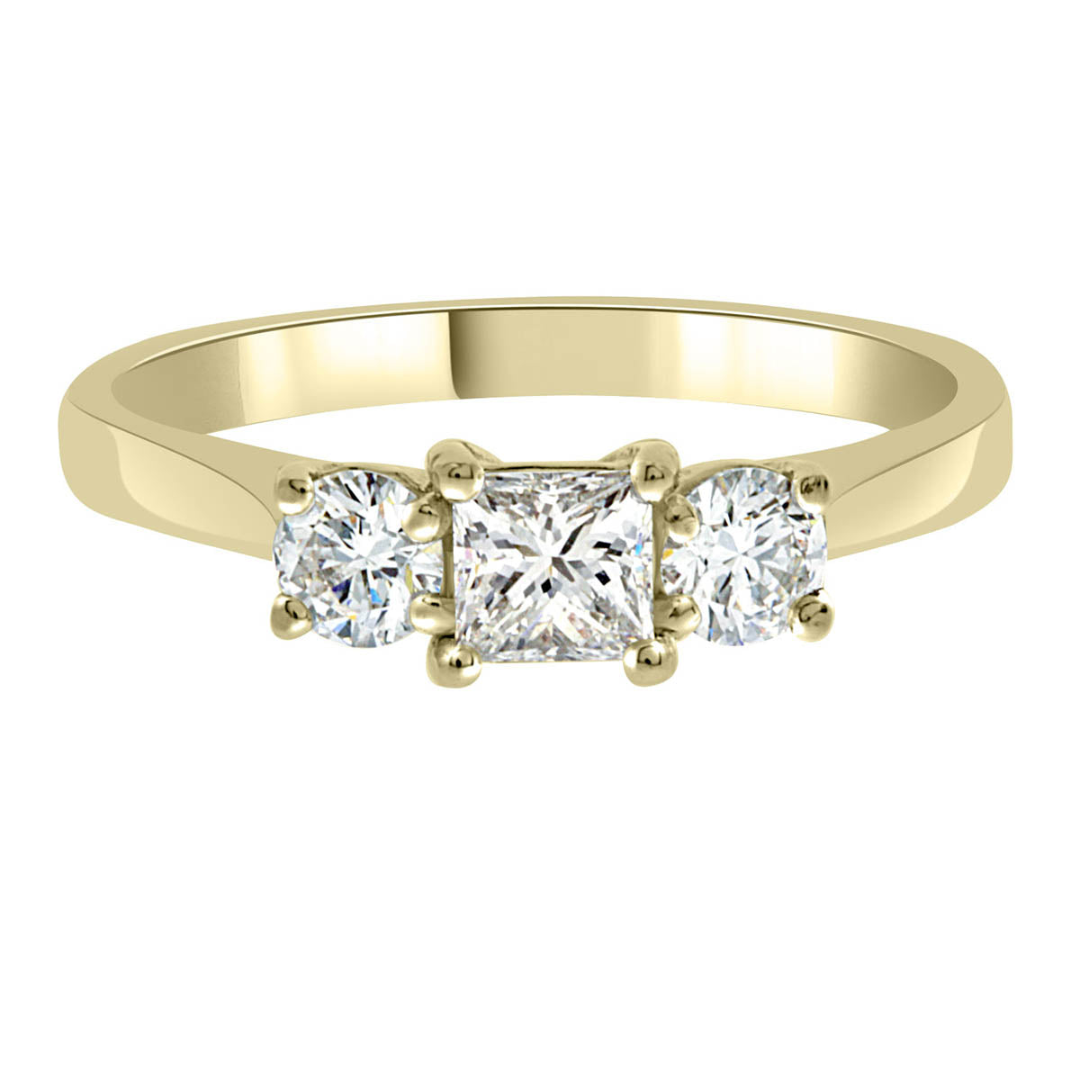 Princess and Round Three Stone in yellow gold
