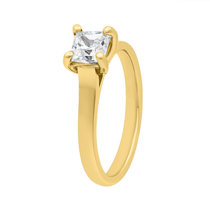 Princess cut engagement ring in yellow gold at an angle