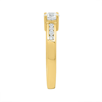 Round Diamond with Channel Set Princess Cut Diamonds in yellow gold from end view