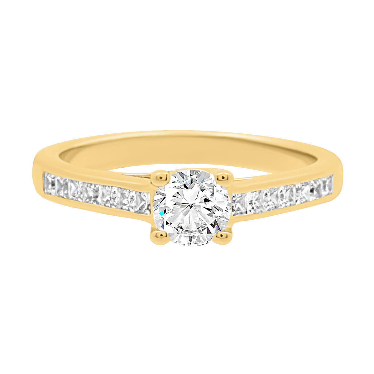 Round Diamond with Channel Set Princess Cut Diamonds in yellow gold