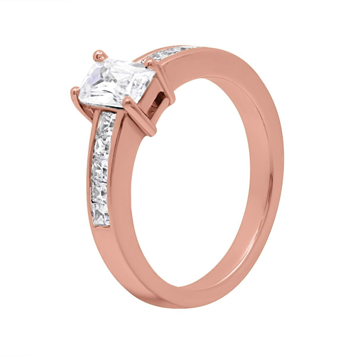 Radiant Cut Engagement Ring in rose gold angled diagonally
