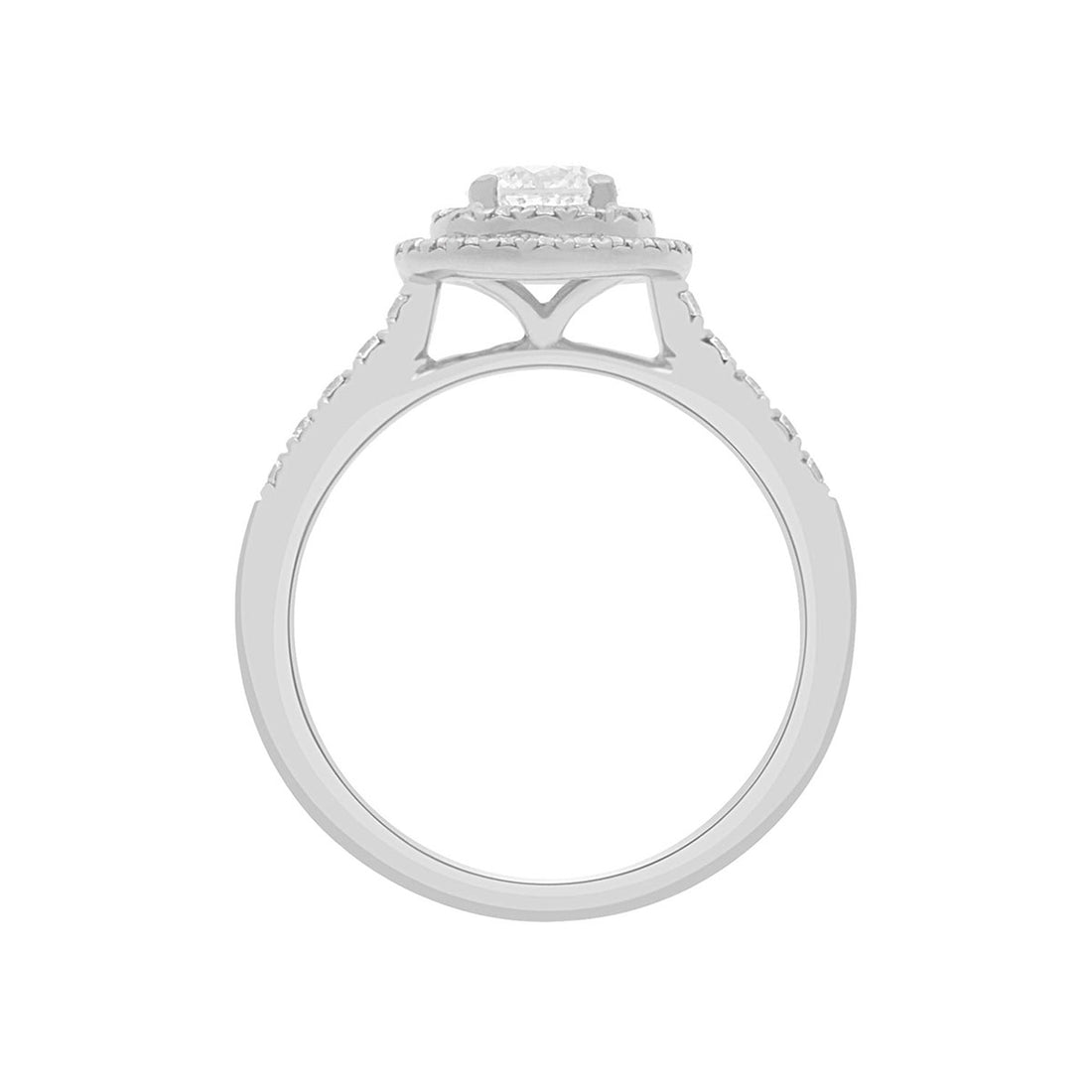 Round Double Halo Engagement Ring in white gold standing upright