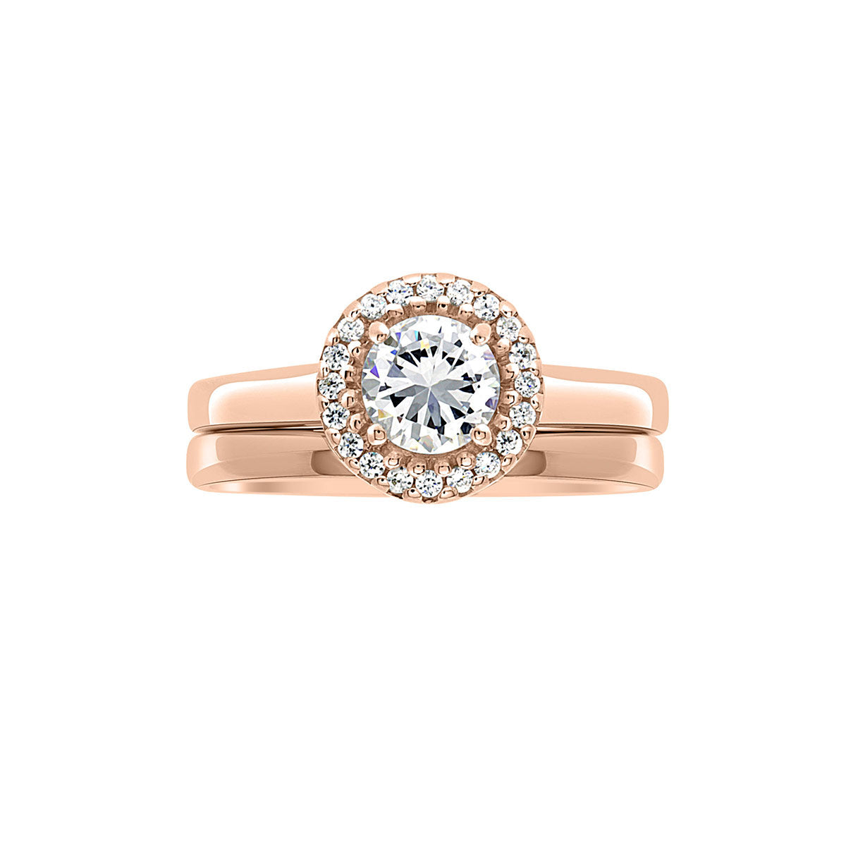 Round Vintage Engagement Ring in rose gold, a horizontal position against a white background. with a matching plain wedding ring