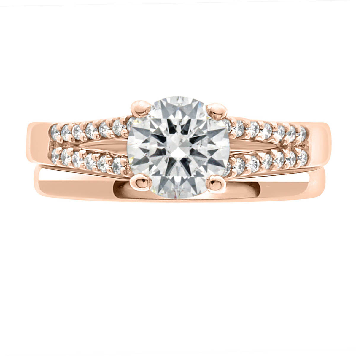 Round Diamond With Split Band made from rose gold with a plain wedding ring