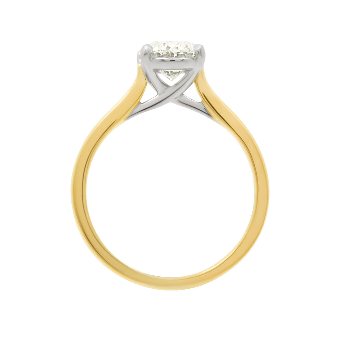 Round Solitaire With Criss Cross Shank in yellow and white gold