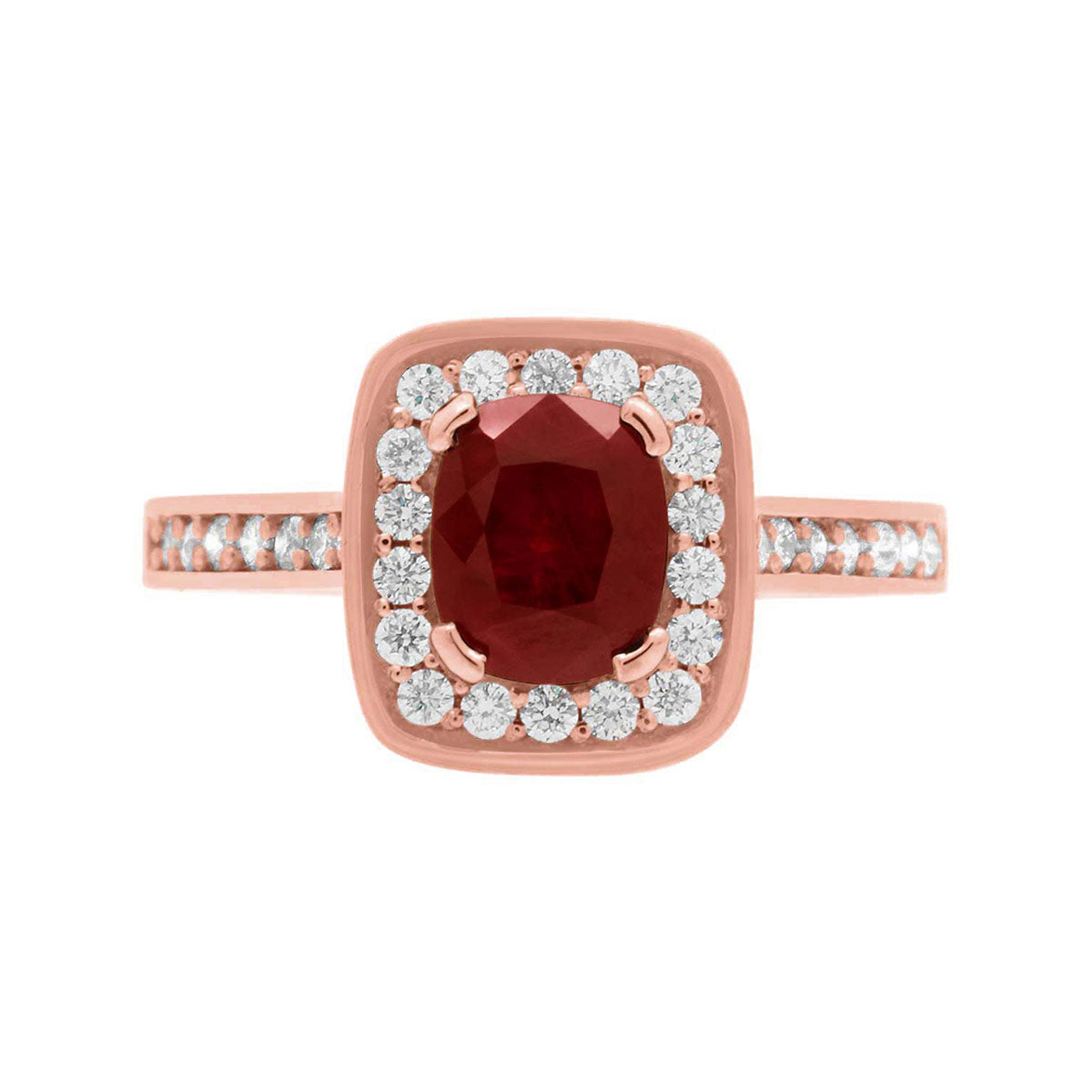 Cushion Cut Ruby Diamond Halo Engagement Ring with Rose Gold Diamond Pave Band - 'Vivian Ruby'