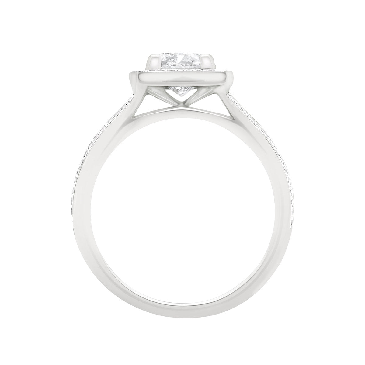 Split Band With Halo engagement ring in white gold standing upright