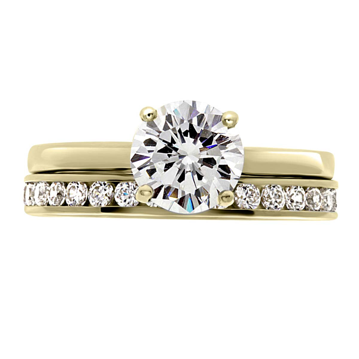 Solitaire Engagement Ring in yellow gold pictured with a diamond wedding ring