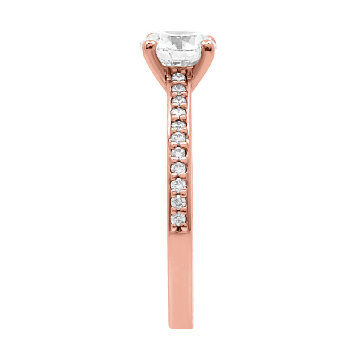 Solitaire with Diamond Shoulders in rose gold from a side view