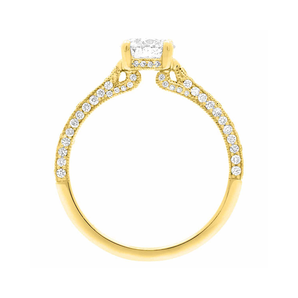 Thin Band Solitaire Ring with diamonds on sidewalls in yellow gold pictured in an upright standing position