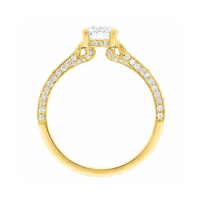Thin Band Solitaire Ring with diamonds on sidewalls in yellow gold pictured in an upright standing position