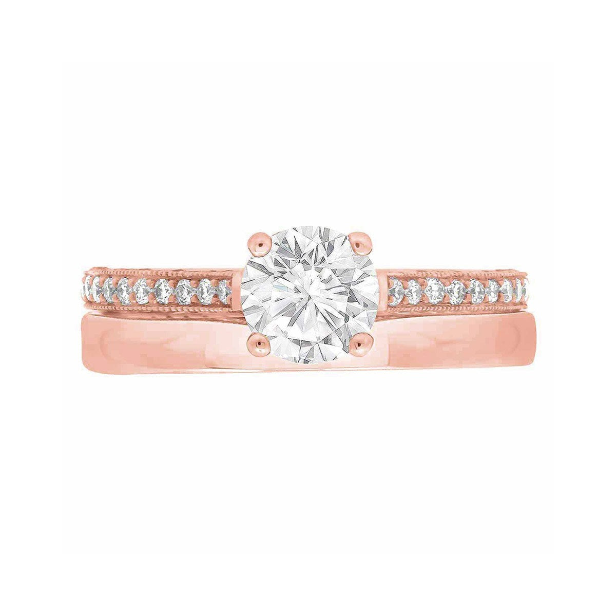 Thin Band Solitaire Ring with diamonds on sidewalls in rose gold pictured with a matching rose gold plain wedding ring