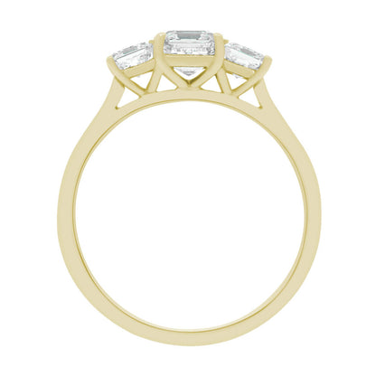 Three Stone Asscher Cut made in yellow gold standing upright