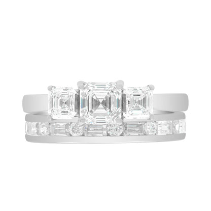 Three Stone Asscher Cut made in white gold with a matching diamond wedding ring