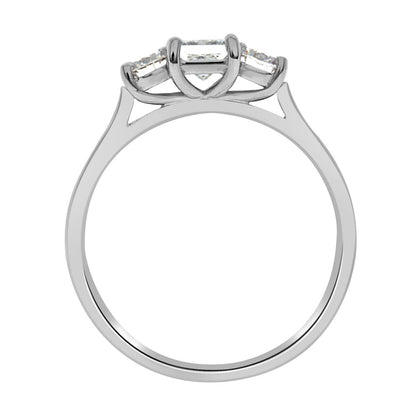 Three Stone Princess Cut Diamond Ring made from platinum standing upright