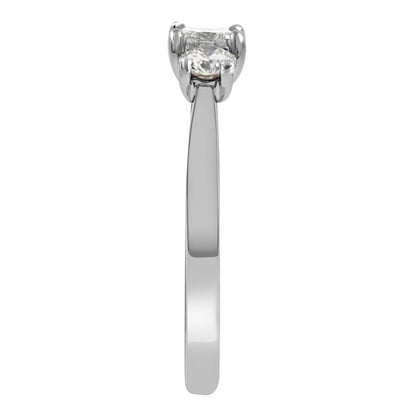 Three Stone Princess Cut Diamond Ring made from platinum standing in end view