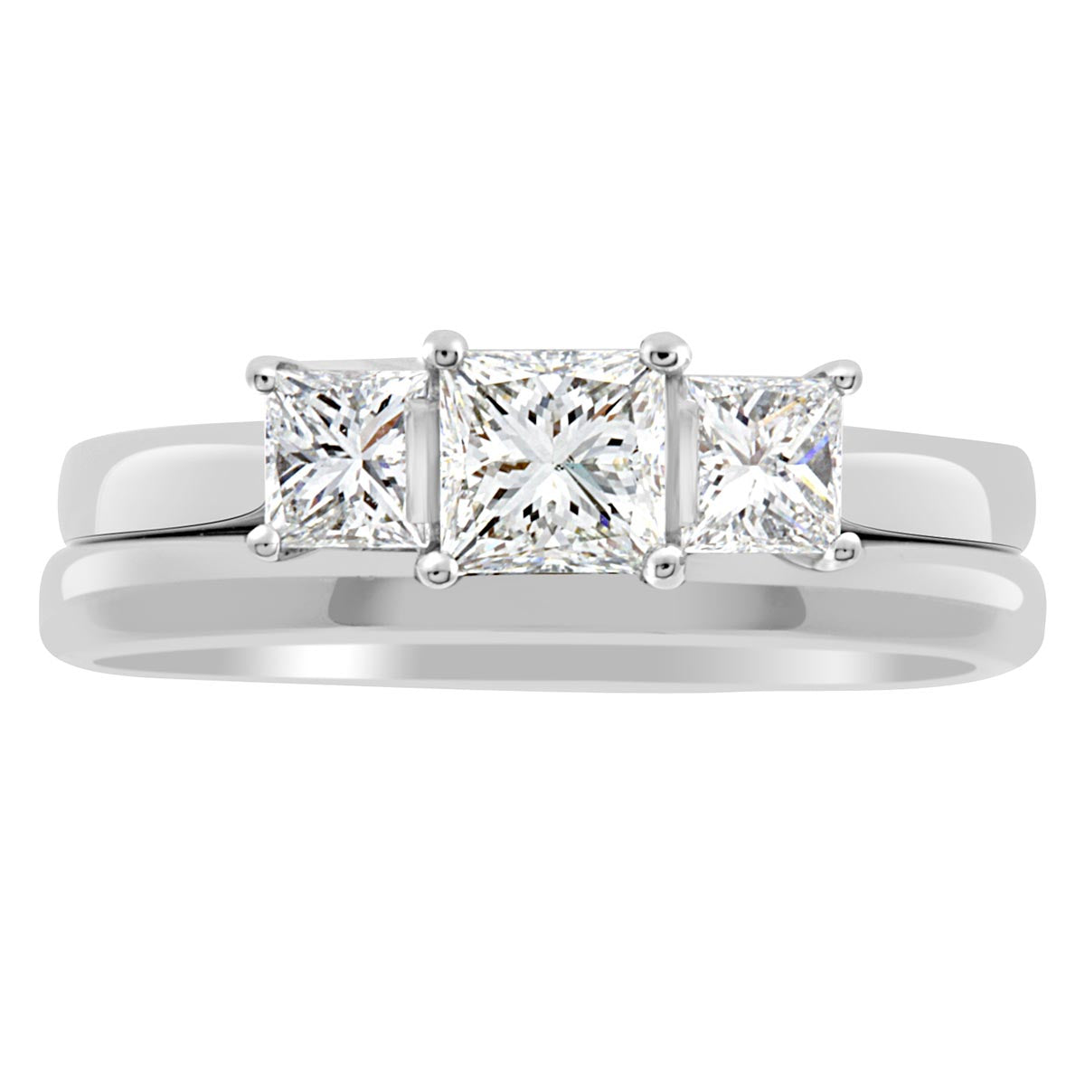 Three Stone Princess Cut Diamond Ring made from platinum with a plain wedding ring