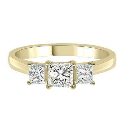 Three Stone Princess Cut Diamond Ring made from yellow gold