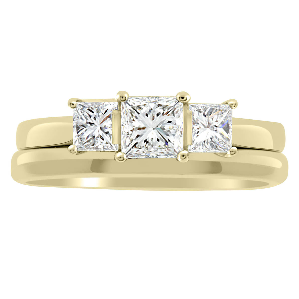 Three Stone Princess Cut Diamond Ring made from yellow gold with a matching wedding ring